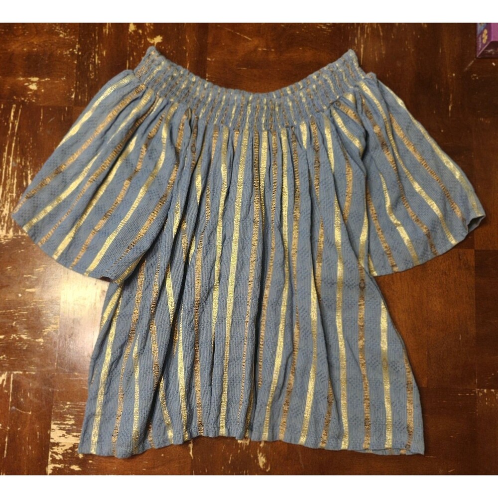 Ace & Jig Beatrice Top Mural Blouse XS Blue Gold Metallic Off Shoulder Gauze
